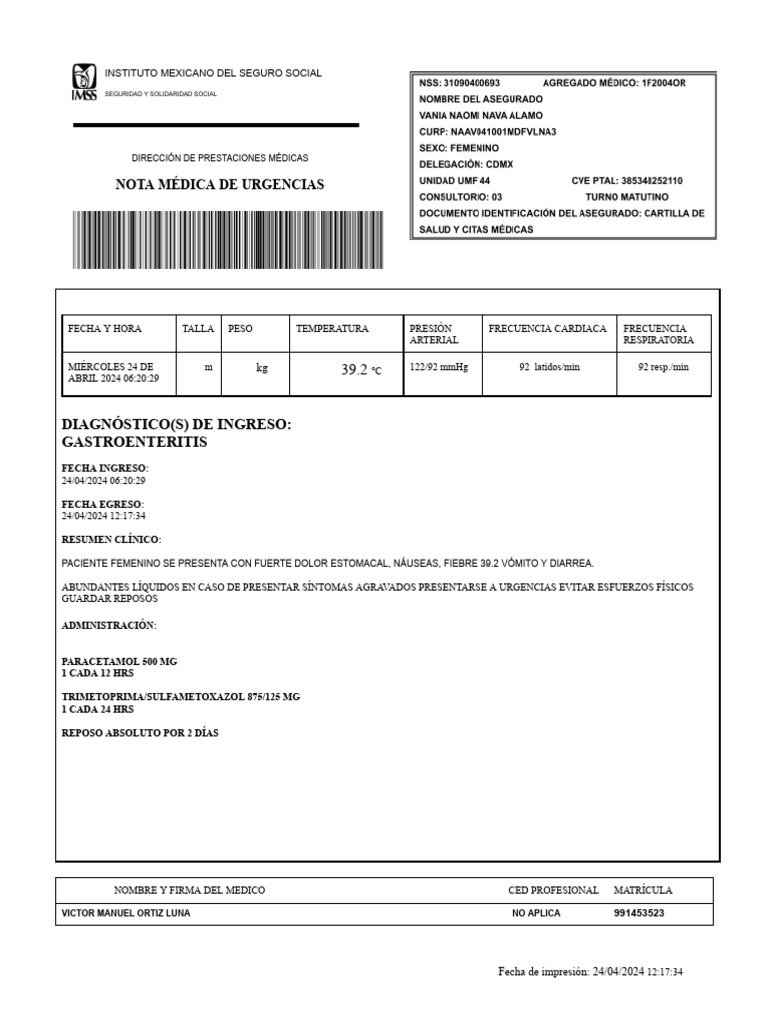 Nota Médica de Urgencias IMSS | PDF