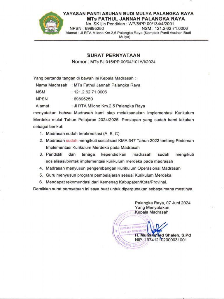 Surat Pernyataan Pelaksanaan Kurikulum Merdeka Pdf