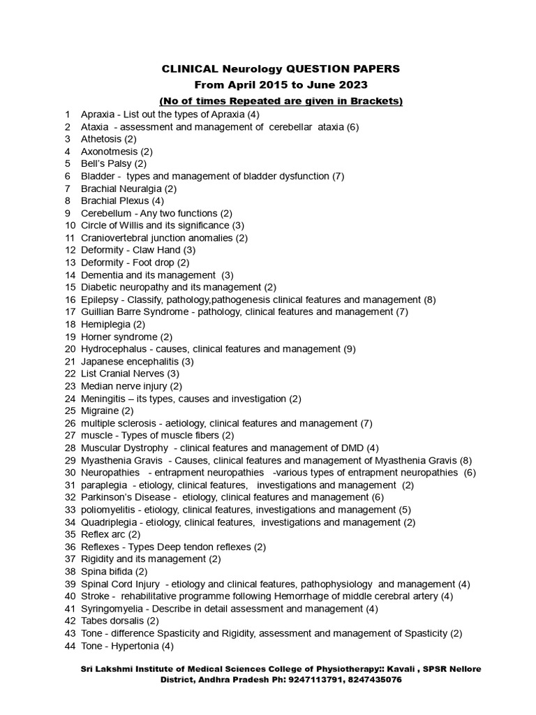Clinical Neurology Question Papers 2015-2023 | PDF | Human Diseases And ...