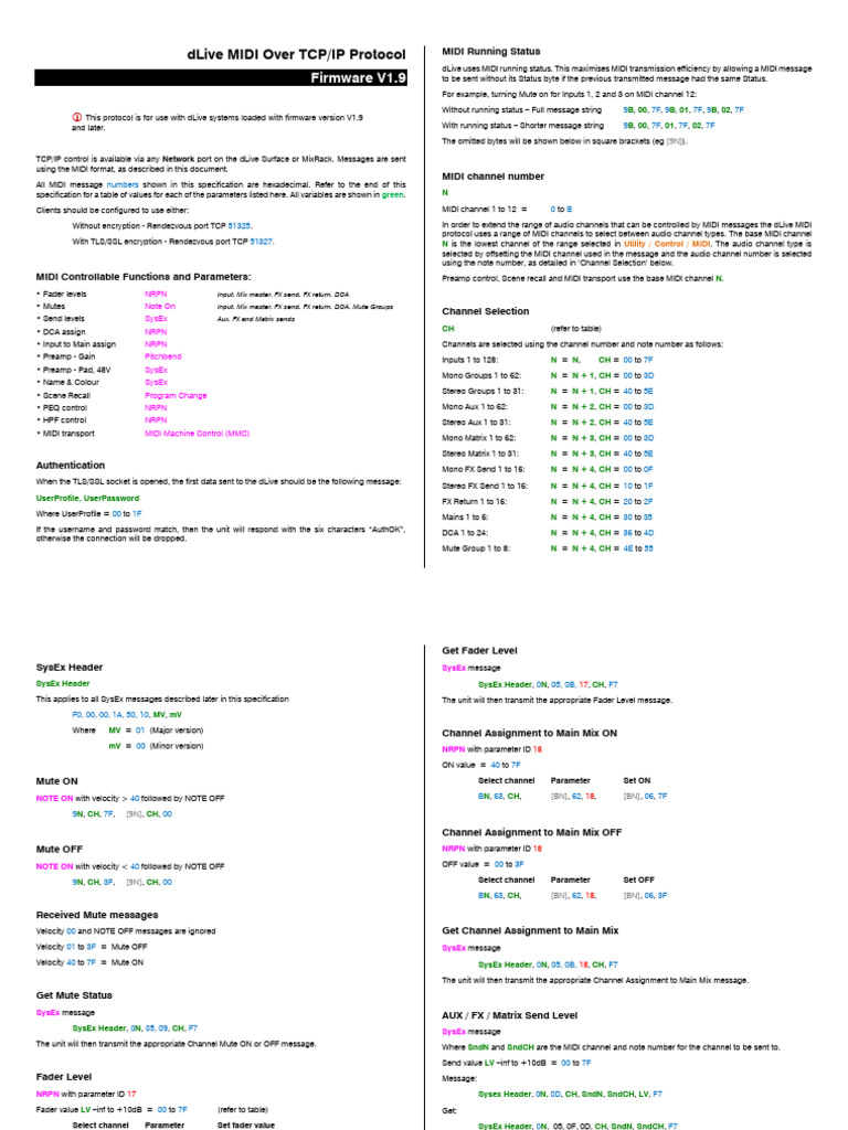 dLive MIDI Protocol Overview V1.9 | PDF | Transmission Control Protocol ...
