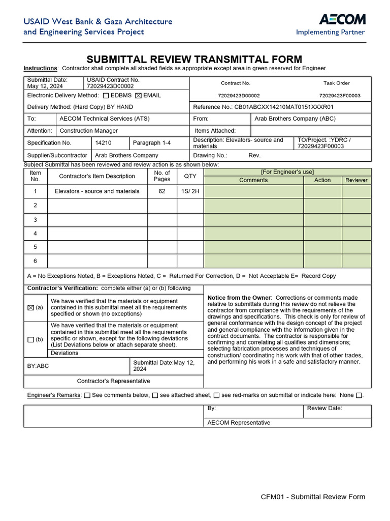 USAID Submittal Review Form for Elevators | PDF | Specification ...
