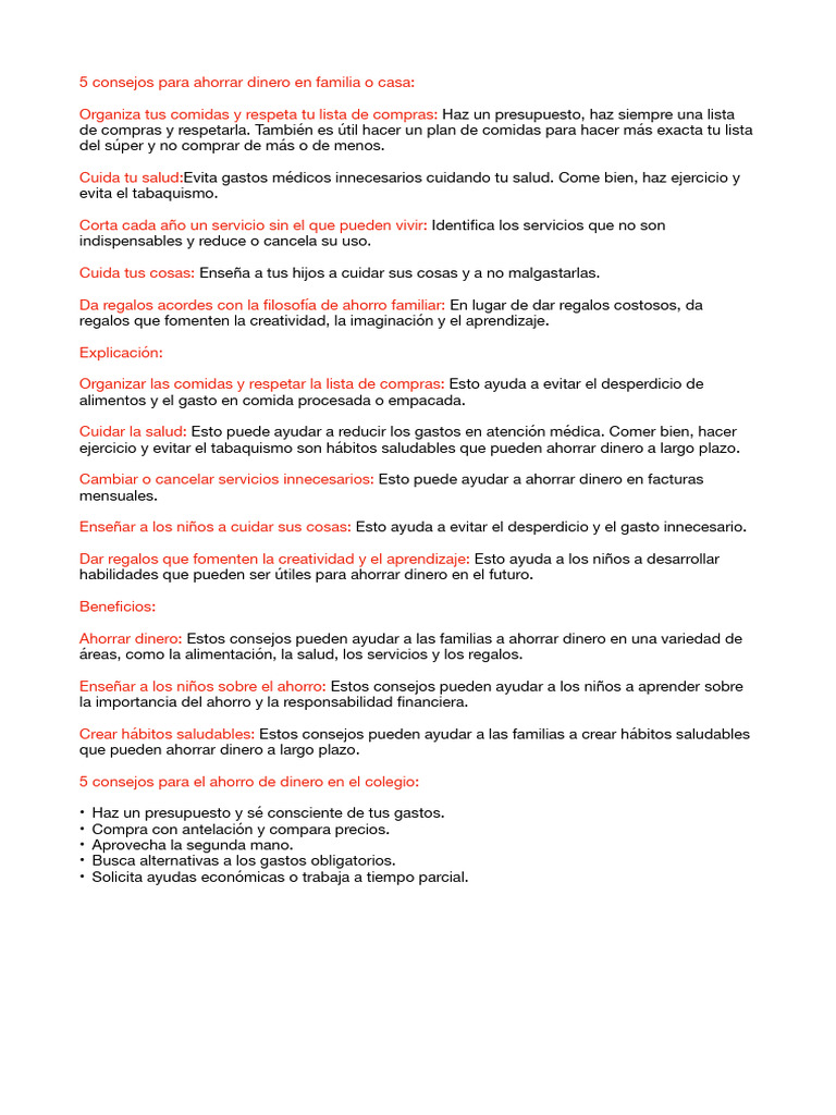 Consejos para Ahorrar en Familia | PDF | Presupuesto | Economias