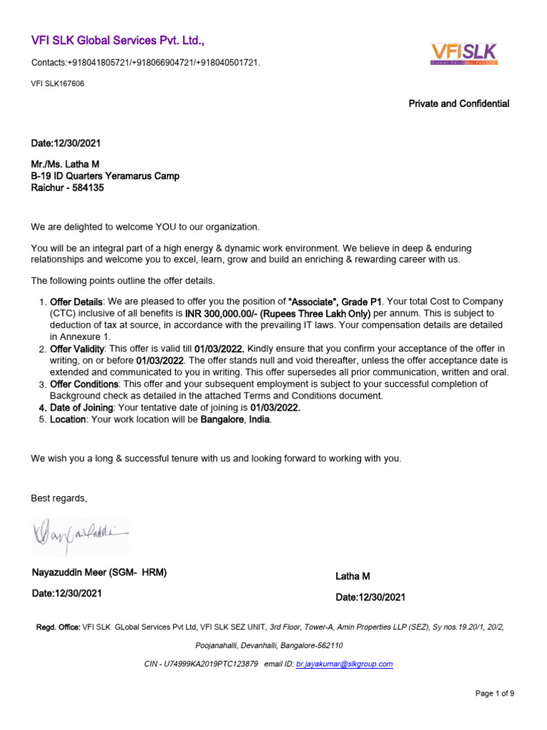 VFISLK Offer Letter-Latha M | PDF | Arbitration | Insurance