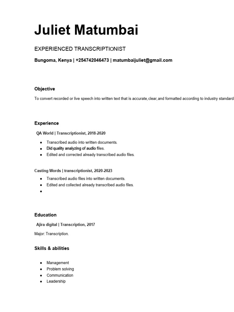 Experienced Transcriptionist Resume | PDF