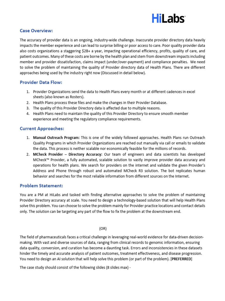 HiLabs Product Caselet 2023 Questions | PDF | Health Insurance ...