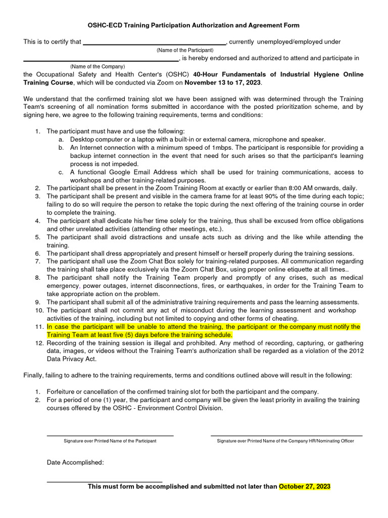 OSHC Training Participation Agreement Form | PDF | Cyberspace | Computing
