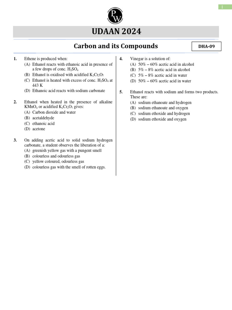 UDAAN 2024: Carbon Compounds Quiz | PDF | Acetic Acid | Acid
