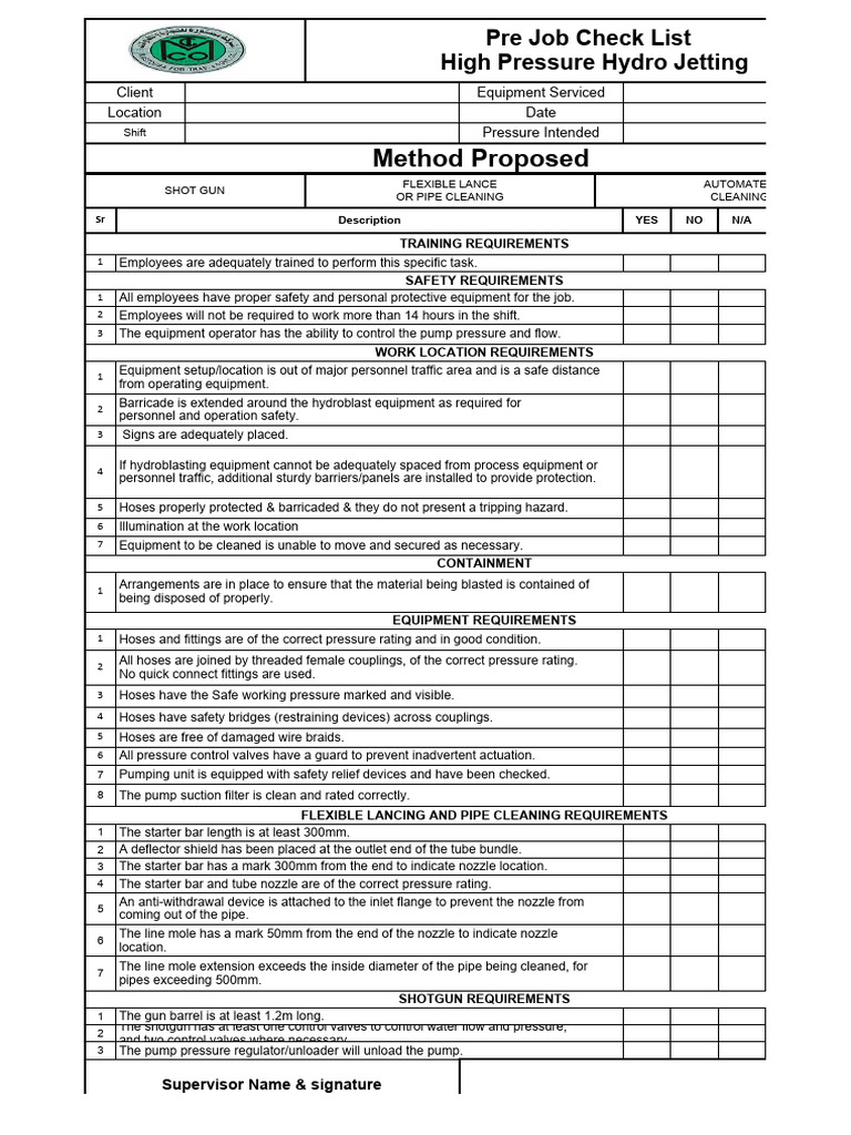 High Pressure Hydro Jetting Checklist | PDF | Pump | Valve
