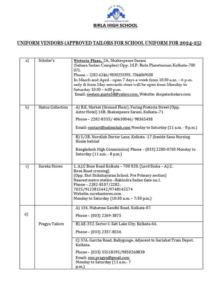 Birla High School Uniform Vendors 2024-25 | PDF | Sweater | Shoe