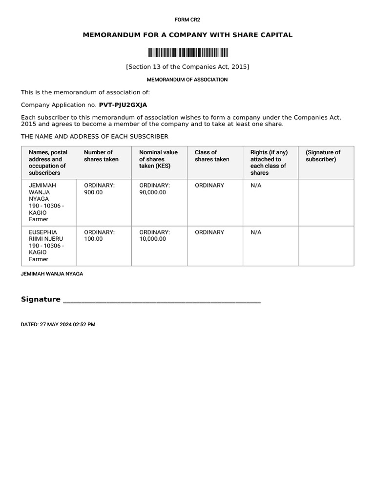 CR2 Form for Company Registration Kenya | PDF | Finance & Money Management