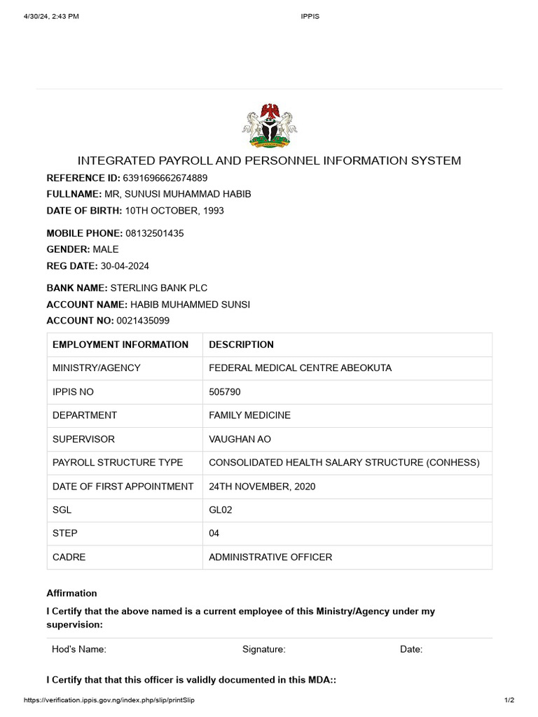 IPPIS Personnel Verification Slip | PDF | Finance & Money Management | Law