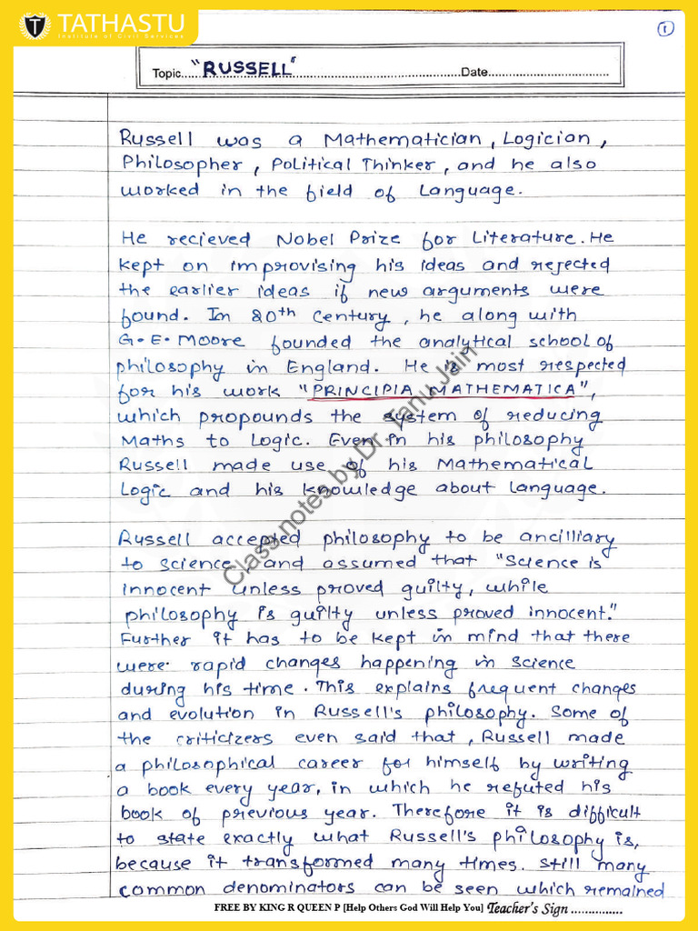 Russell Class Notes2024 Philosophy Tanujain King R Queen P Pdf