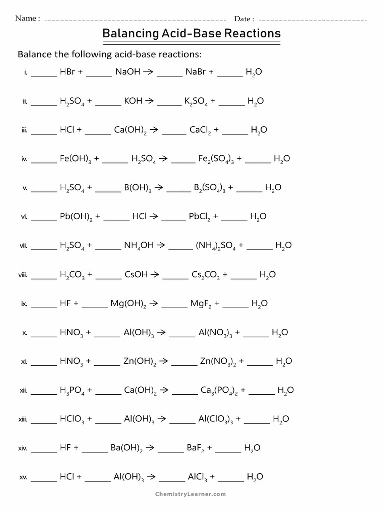 Balancing Acid Base Reactions Worksheet PDF