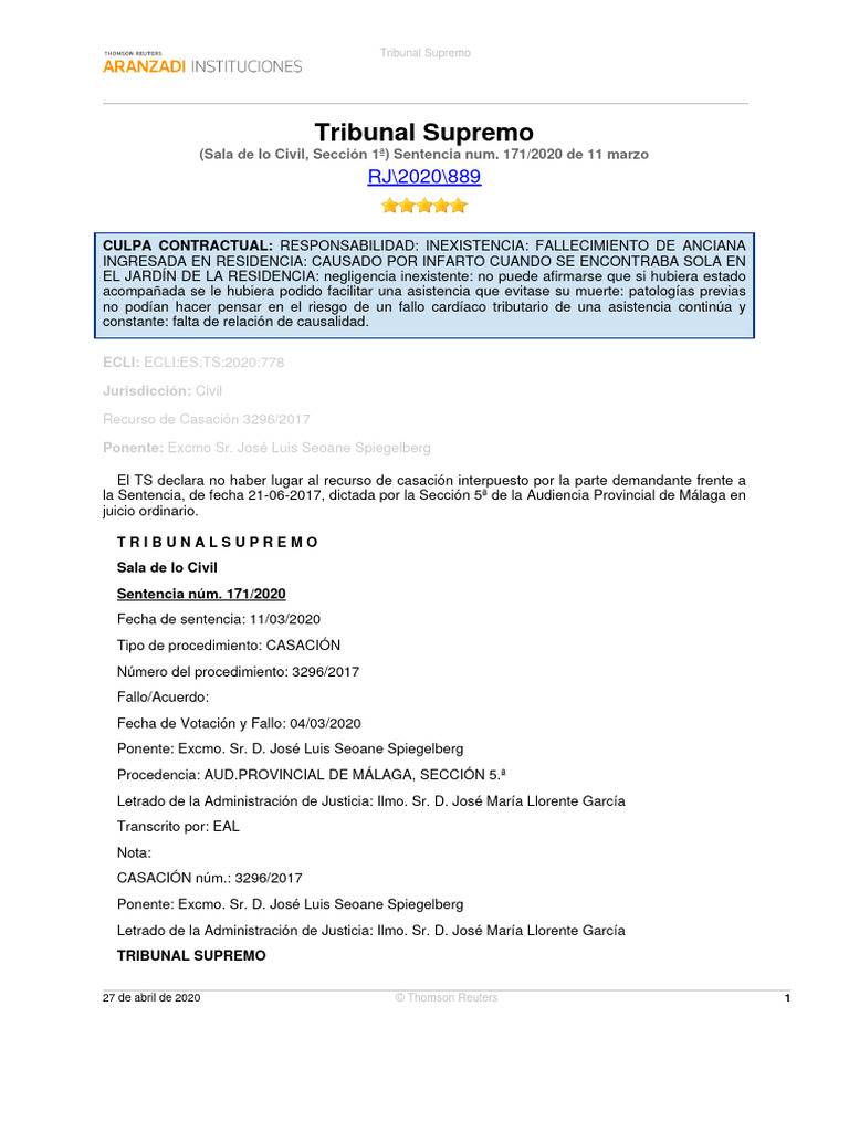STS 171 2020, Fallecimiento en Residencia | PDF | Caso de ley ...