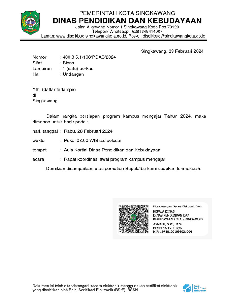 Undangan Rapat Koordinasi Awal Program Kampus Mengajar 2024 1 Signed | PDF