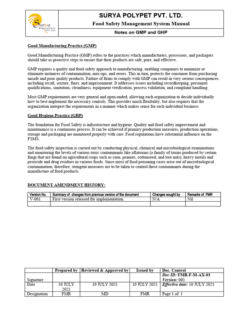 GMP & GHP Food Safety Manual | PDF | Food Safety | Safety