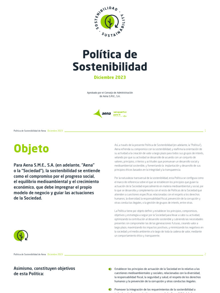 Política de Sostenibilidad de Aena 2023 | PDF | Sustentabilidad | Sociedad
