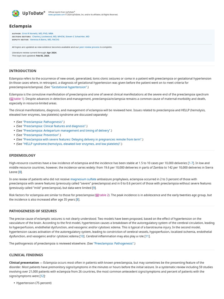 Eclampsia - UpToDate | PDF | Hypertension | Diseases And Disorders