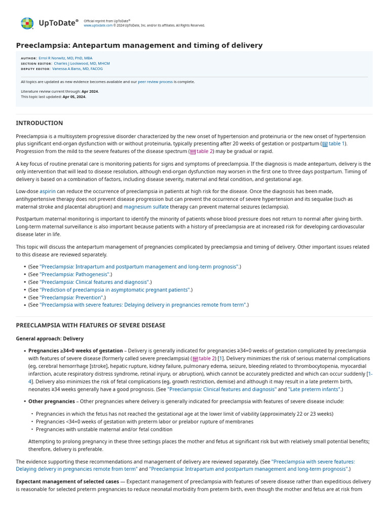 Preeclampsia antepartum management and timing of delivery uptodate