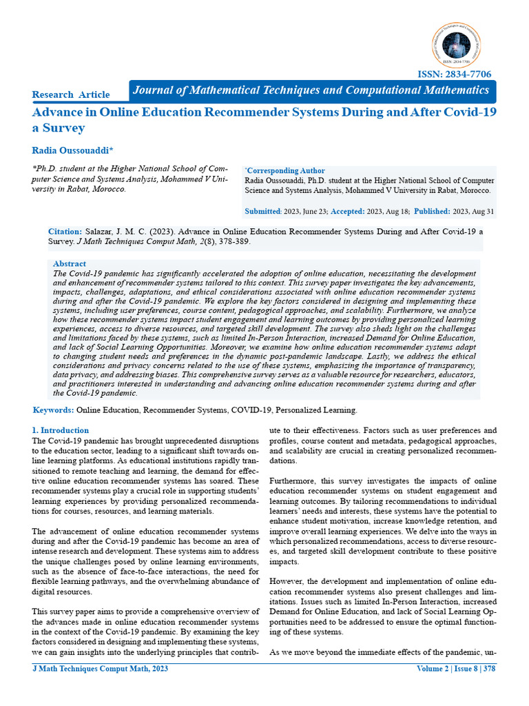 Advance in Online Education Recommender Systems During and After Covid ...