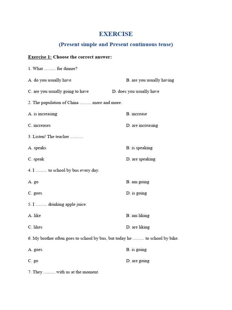 Present Simple vs. Continuous Exercises | PDF | Lunch