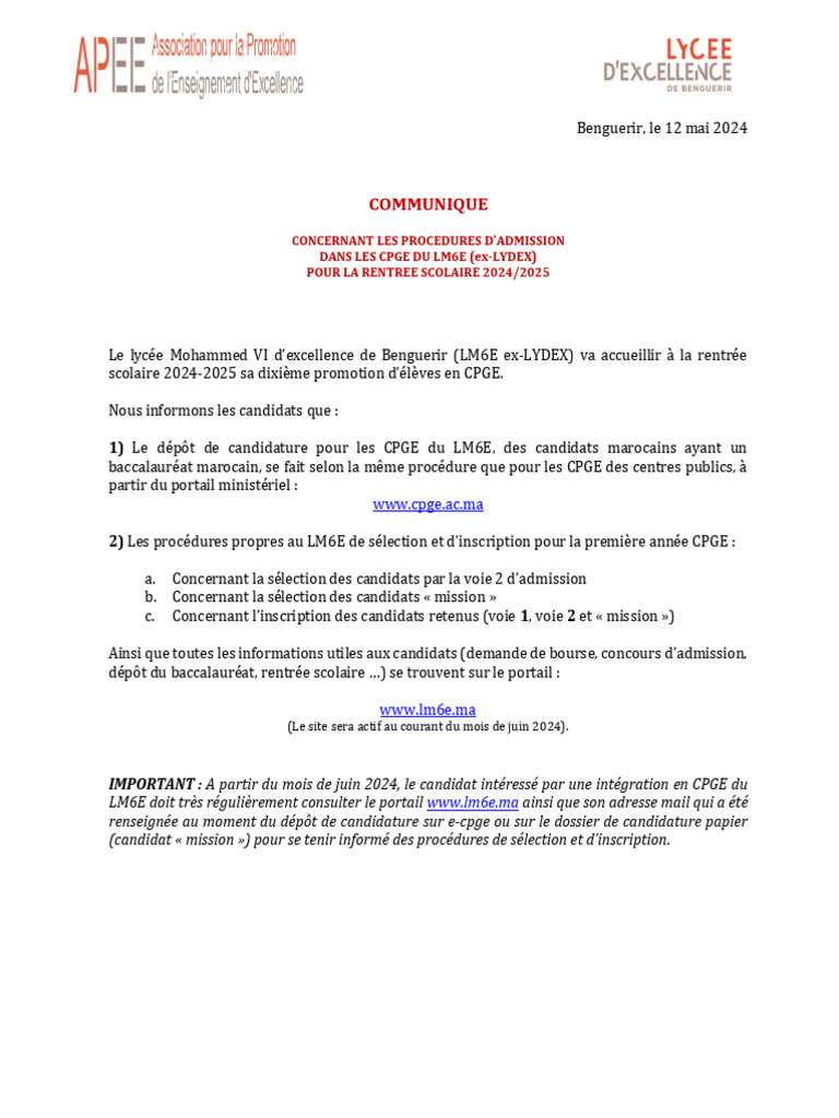 Admission CPGE LM6E 2024/2025 | PDF