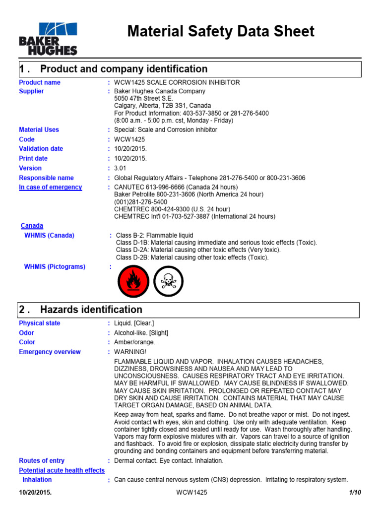 WCW1425 Scale Corrosion Inhibitor MSDS | PDF | Aluminium | Toxicity