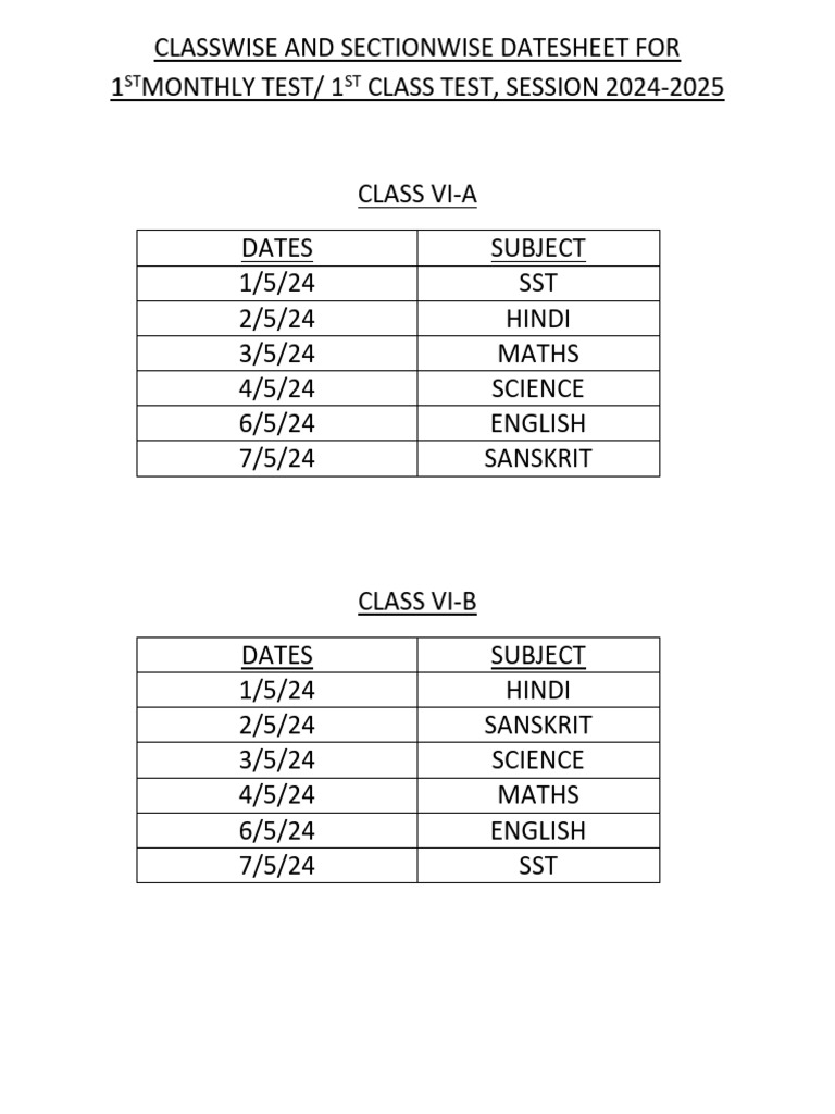 CLASSWISE AND SECTIONWISE DATESHEET FOR 1STMONTHLY TEST 20242025 PDF