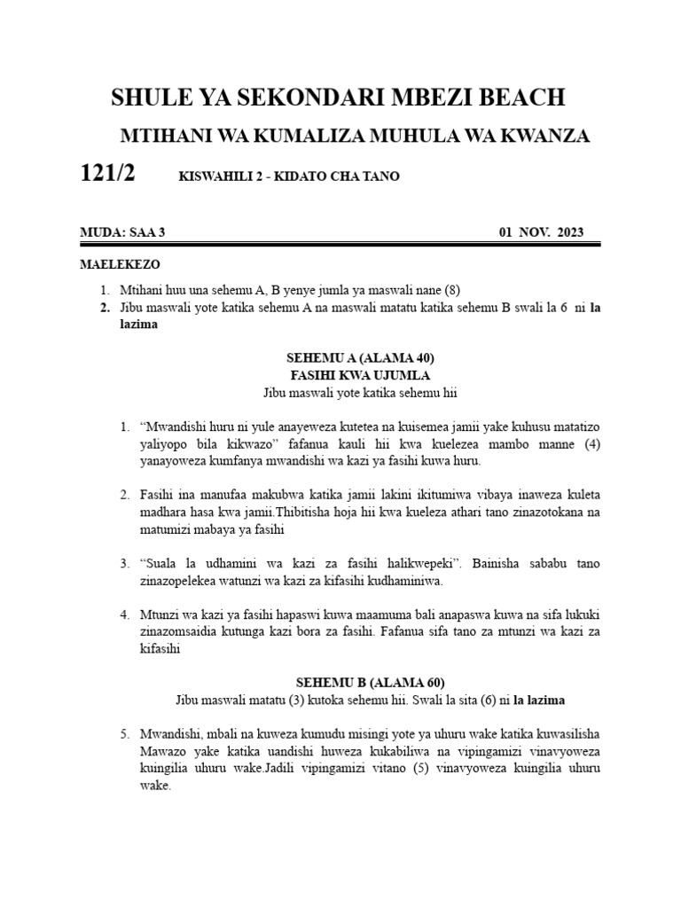 F5 mtihani wa kisw 2 f 5 nov 2023 pdf