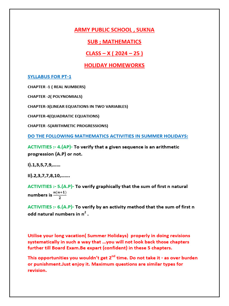 Class X Mathematics Holiday Homework | PDF | Numbers | Quadratic Equation