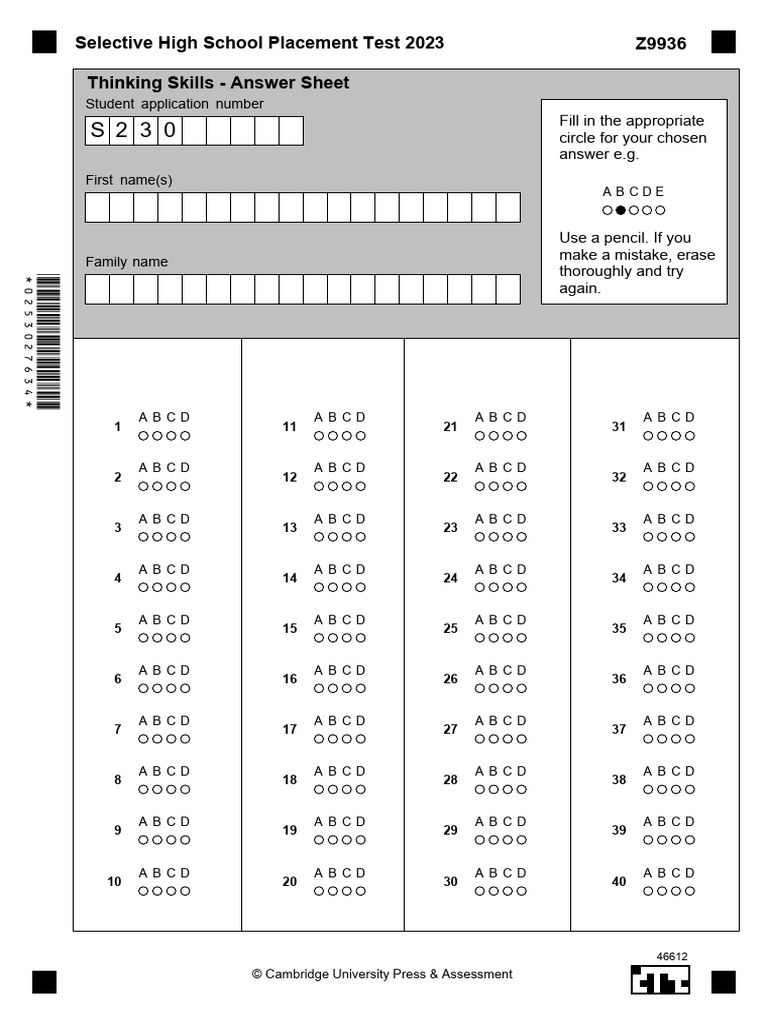 SHS 2023 Thinking Skills Test Answer Sheet PDF