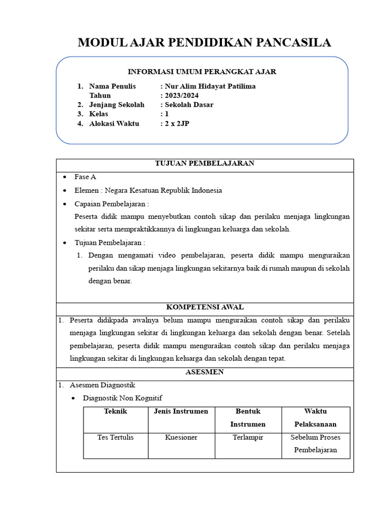 Modul Ajar Pancasila untuk SD Kelas 1 | PDF