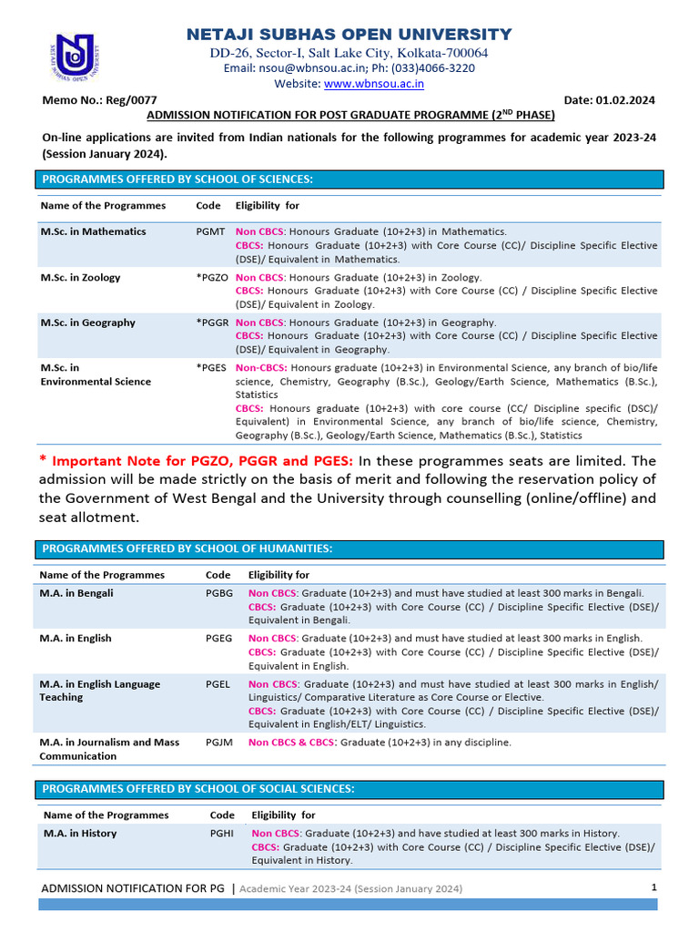 NSOU PG Admission Notification 2023-24 | PDF | Postgraduate Education ...