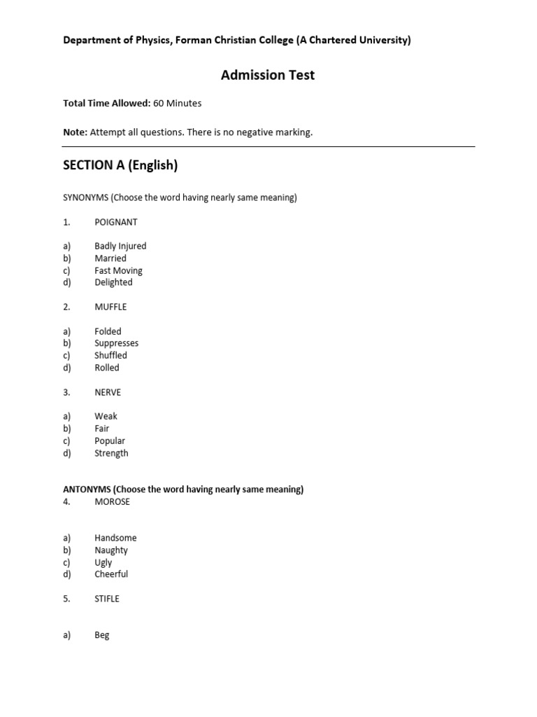 Admission Test Sample Phy | PDF | Force | Torque