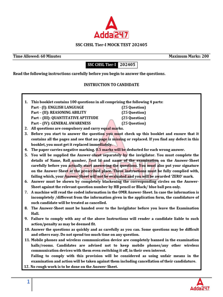 SSC CHSL Tier-1 Mock Test 202405 (Offline) - English | PDF