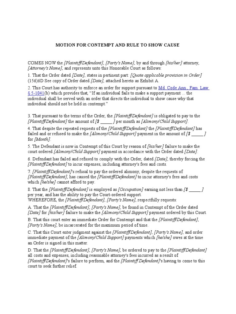 Motion For Contempt and Rule To Show Cause PDF Virginia Circuit