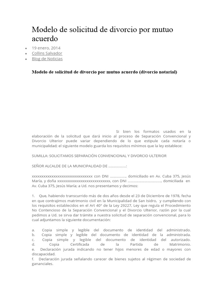 Modelo de solicitud de divorcio por mutuo acuerdo | PDF | Divorcio