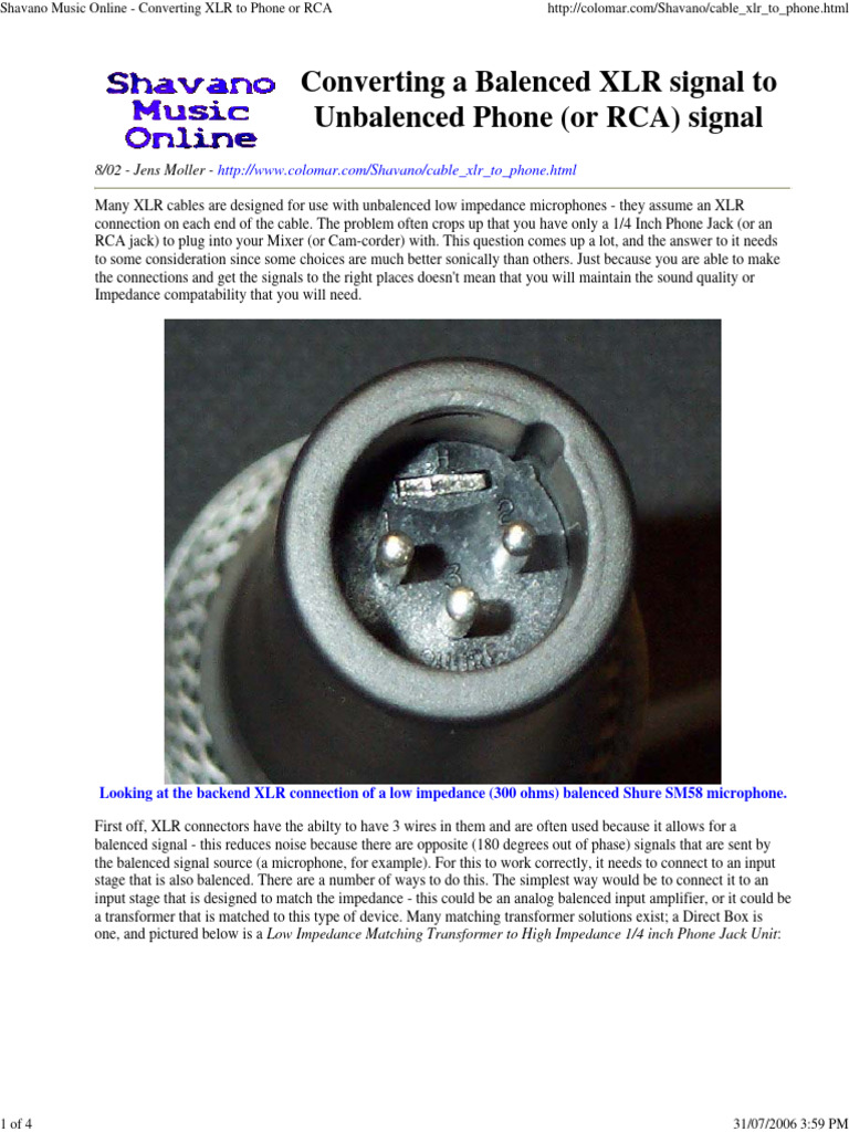 XLR to Phone/RCA Conversion Guide | PDF | Microphone | Electrical Connector