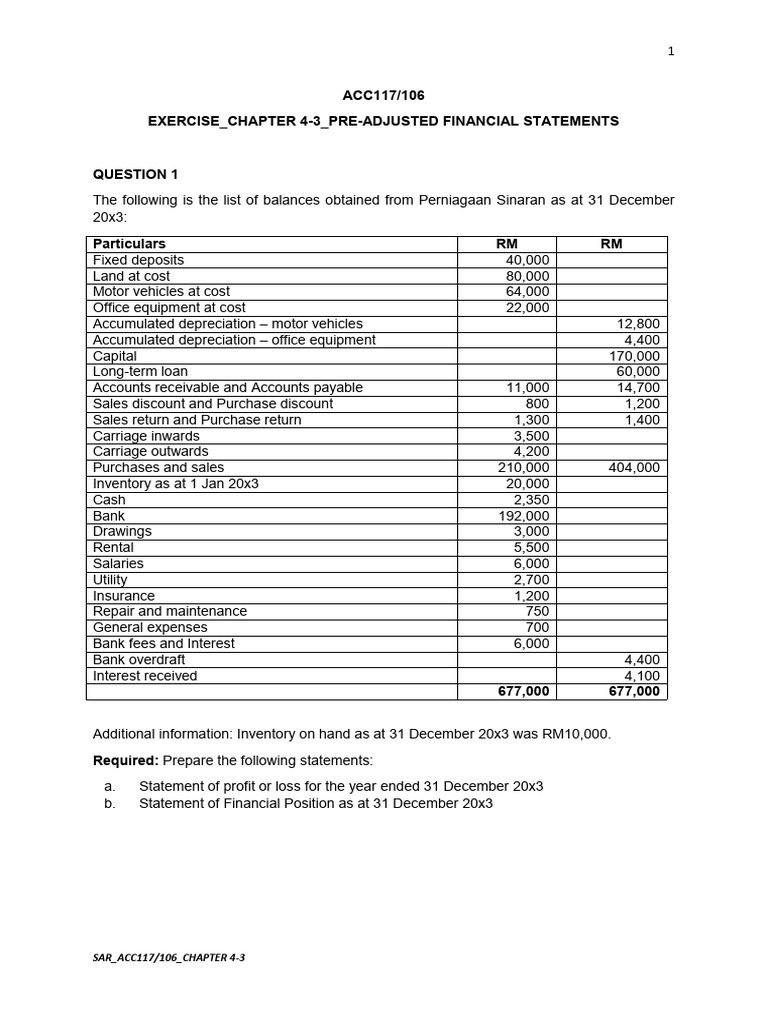 Exercise Pre Adjusted Fs Chapter 4 3 Acc117 Pdf Expense Banks