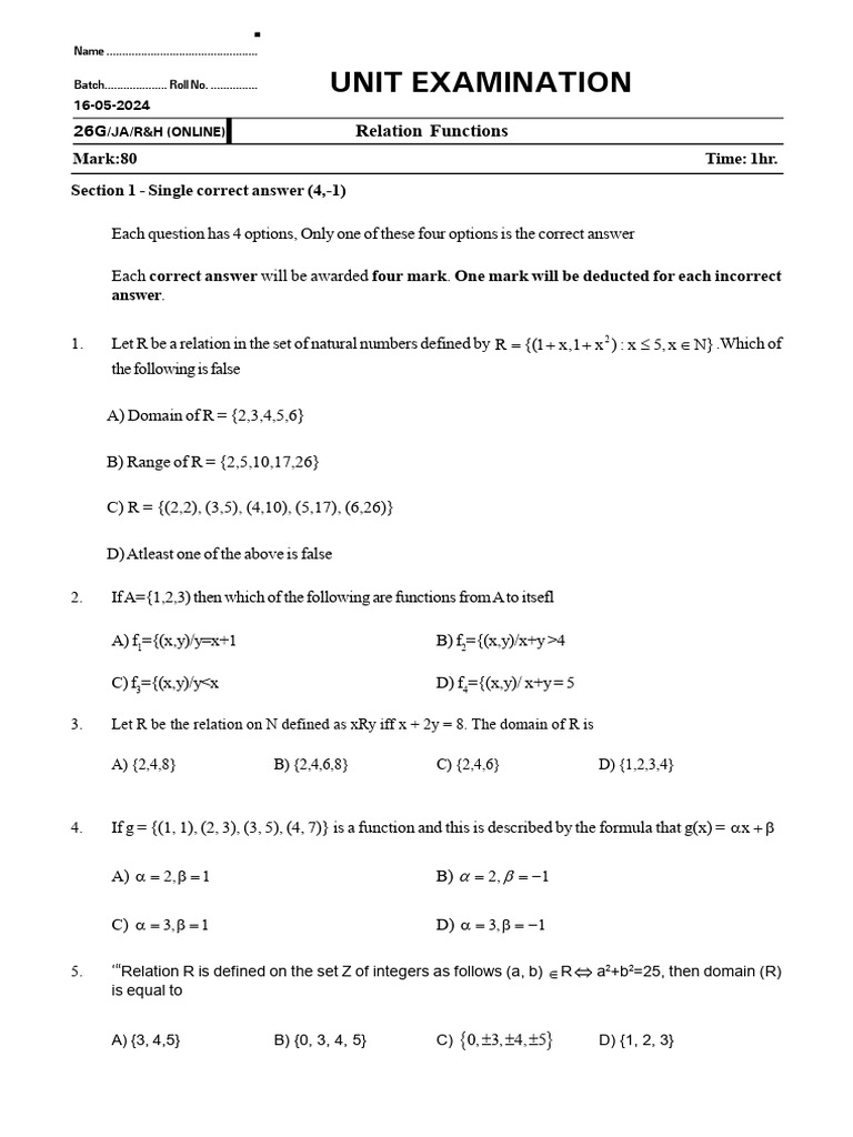 Exam on Relations and Functions | PDF