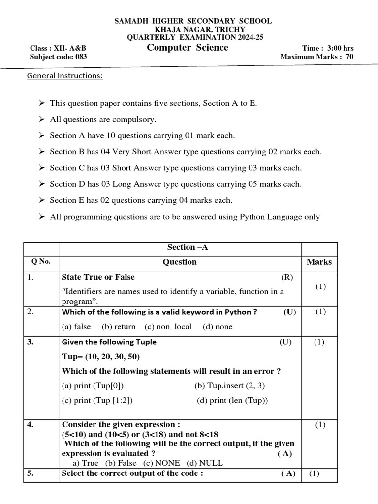 Computer Science Quarterly Exam 2024-25 | PDF | Computer Program ...