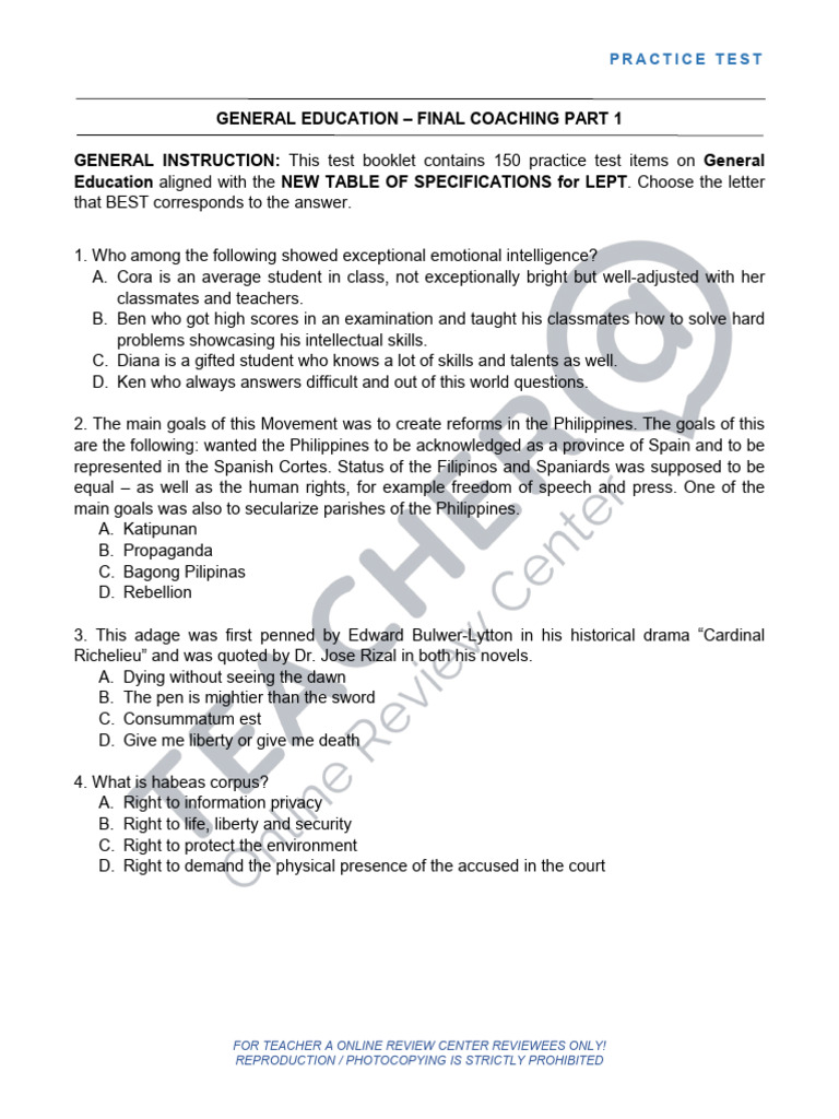 General Education Practice Test 150 Items | PDF | Teachers
