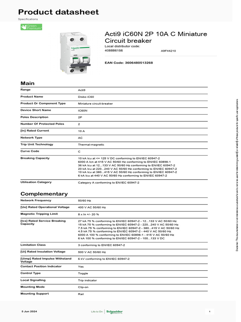 Interruttore Automatico IC60N 2P 10A Curva D - Schneider Electric Per Impianti Elettrici