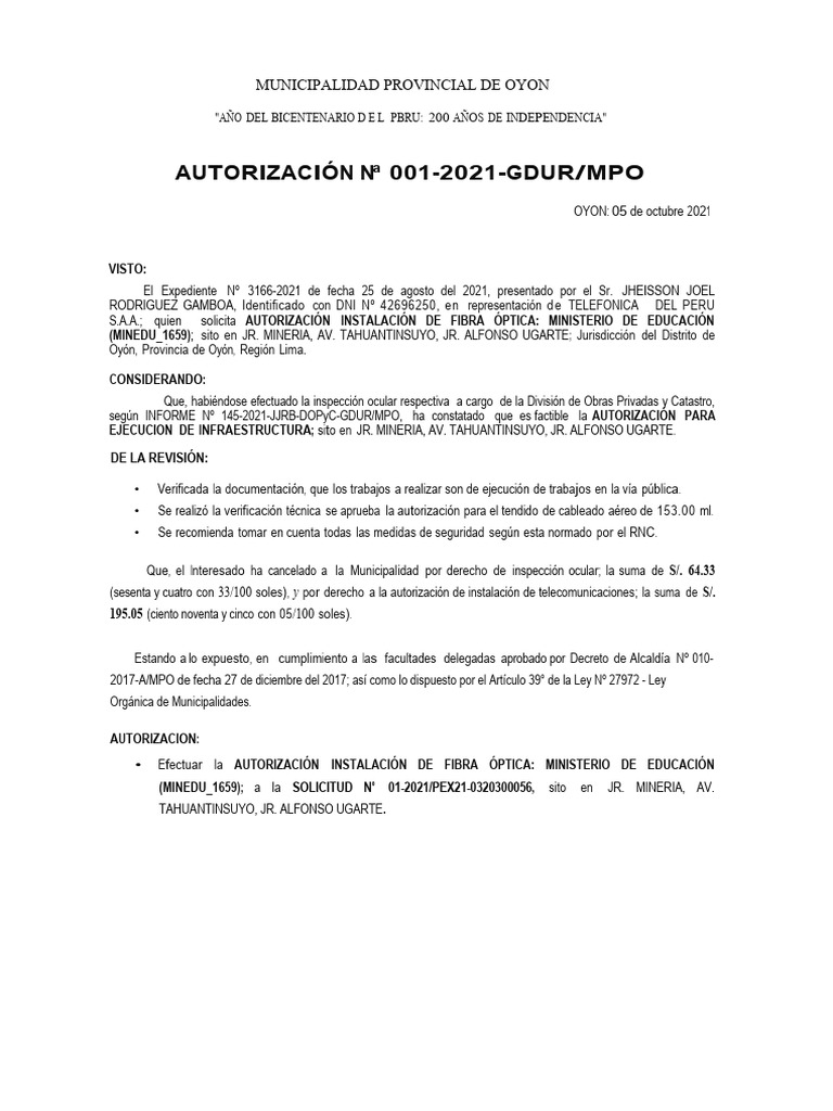 Autorización para Ejecucion de Infraestructura - Telefonica - 01 | PDF ...