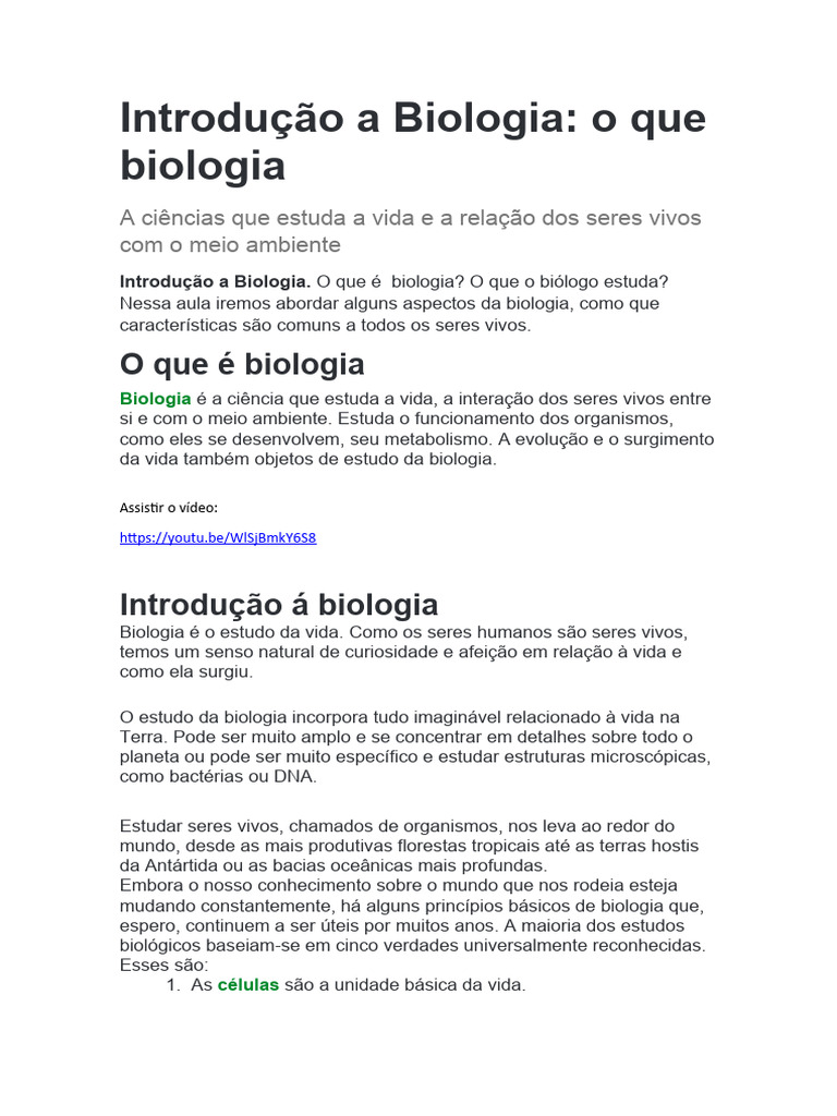 Introdução A Biologia | PDF | Organismos | Vida