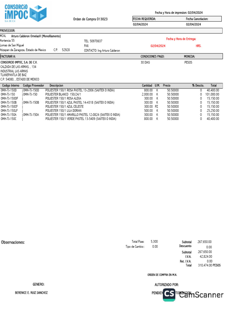 Orden de Compra Consorcio Impoc 310,474.00 | PDF