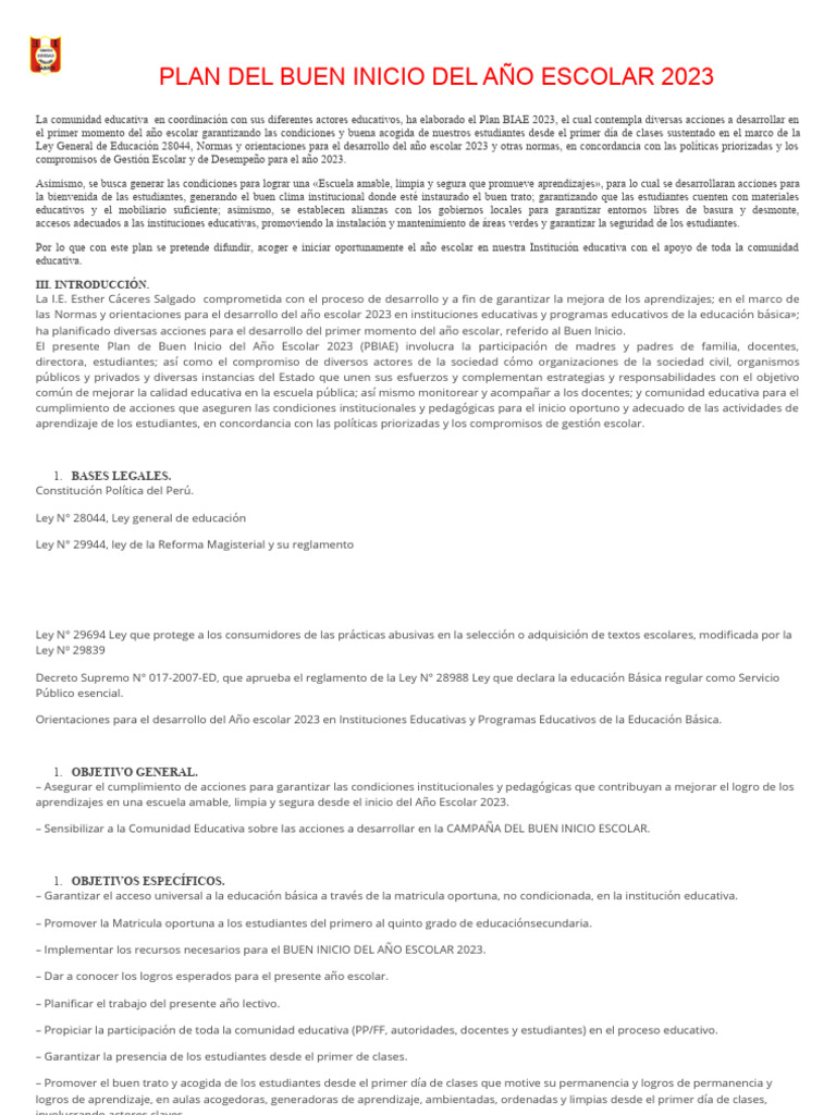 PLAN DEL BUEN INICIO DEL AÑO ESCOLAR 2023 (Corregido) | PDF | Escuelas ...