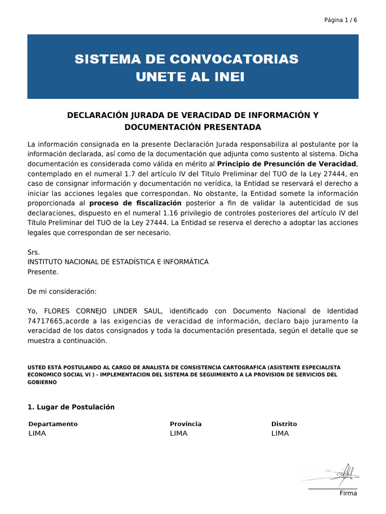 Declaración Jurada de Identidad y Veracidad | PDF | Documento de ...