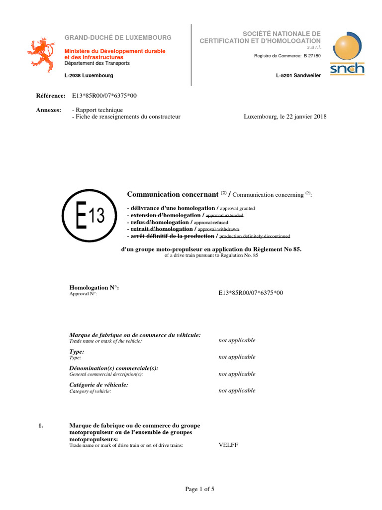Homologation ECE R85 VELFF D28D11-5DA | PDF | Machines rotatives ...