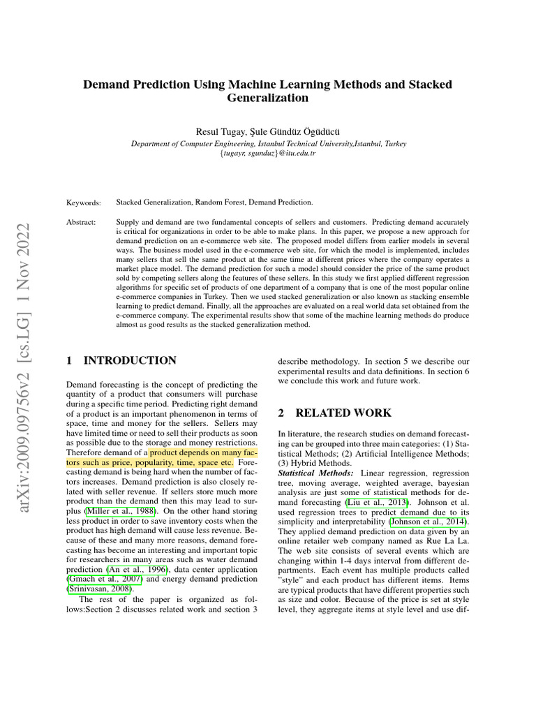 Demand prediction using machine learning methods and stacked
